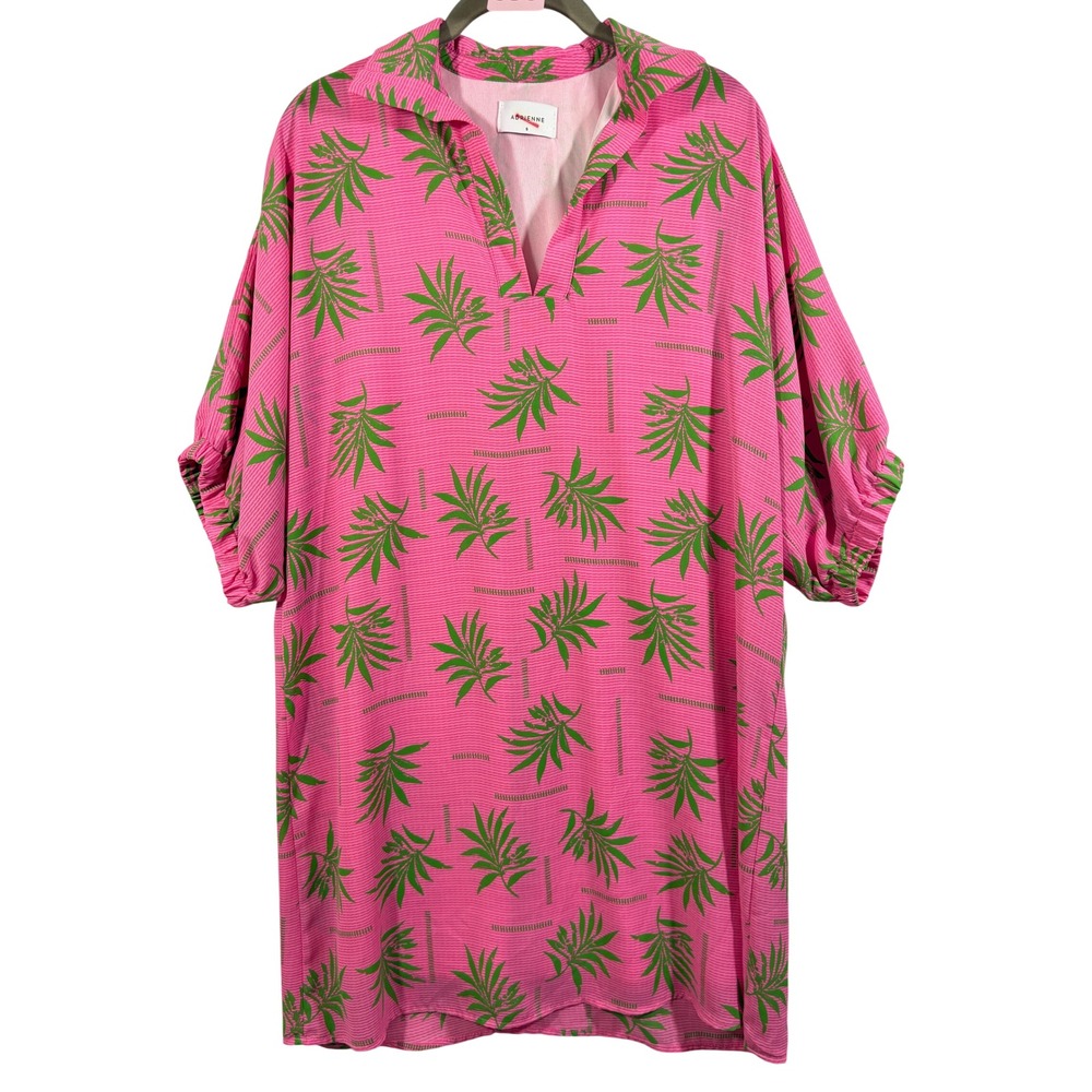 Adrienne Charlotte Pink Green Tropical Palm Leaf Print Shift Dress Small USA